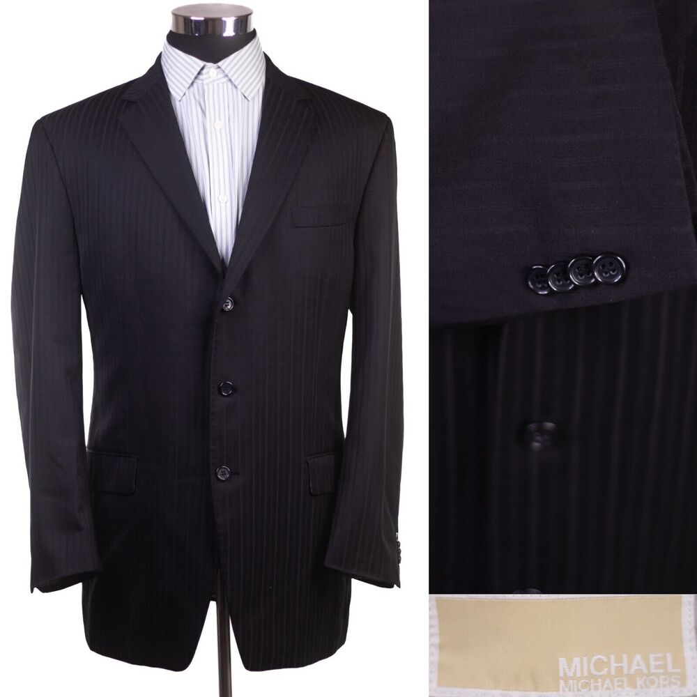 Michael Kors 44L Men Black Striped 3-Button Wool Blazer Suit Jacket Sport Coat